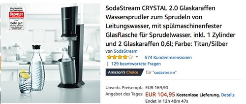 SodaStream CRYSTAL 2.0 Wassersprudler inkl. 1 Zylinder und 2 Glaskaraffen - jetzt 13% billiger SodaStream CRYSTAL 2.0 Wassersprudler inkl. 1 Zylinder und 2 Glaskaraffen - jetzt 13% billiger