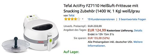 Tefal ActiFry FZ7110 Heißluft-Fritteuse mit Snacking Zubehör - jetzt 21% billiger