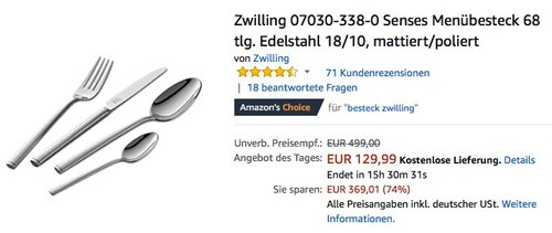 Zwilling Senses Menübesteck 68 tlg. - jetzt 13% billiger Zwilling Senses Menübesteck 68 tlg. - jetzt 13% billiger