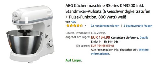 AEG Küchenmaschine 3Series KM3200 inkl. Standmixer-Aufsatz - jetzt 16% billiger