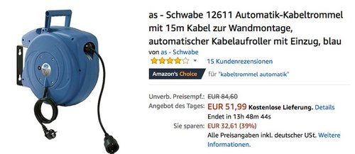 as - Schwabe 12611 Automatik-Kabeltrommel mit 15m Kabel zur Wandmontage - jetzt 20% billiger