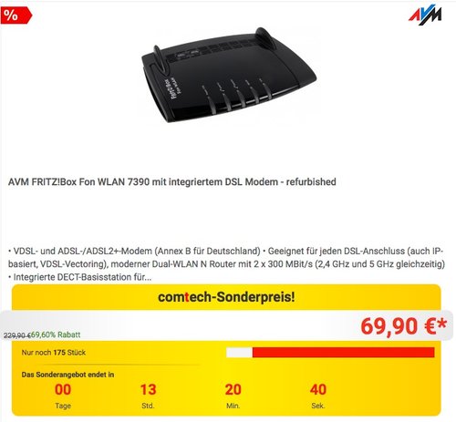 AVM FRITZ!Box Fon WLAN 7390 mit integriertem DSL Modem - refurbished - jetzt 21% billiger