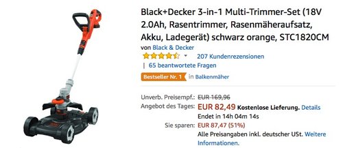 Black+Decker 3-in-1 Multi-Trimmer-Set (18V 2.0Ah, Rasentrimmer, Rasenmäheraufsatz, Akku, Ladegerät) - jetzt 16% billiger