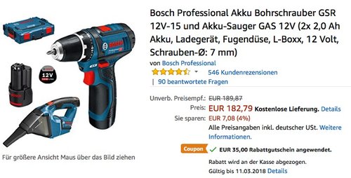Bosch Professional Akku Bohrschrauber GSR 12V-15 und Akku-Sauger GAS 12V Set - jetzt 16% billiger