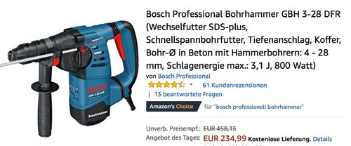 Bosch Professional Bohrhammer GBH 3-28 DFR (Wechselfutter SDS-plus, Schnellspannbohrfutter, Tiefenanschlag, Koffer) - jetzt 19% billiger
