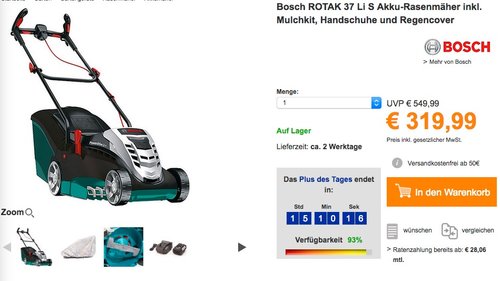 Bosch ROTAK 37 Li S Akku-Rasenmäher inkl. Mulchkit, Handschuhe und Regencover - jetzt 11% billiger