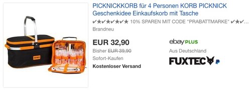 eBay 10% Rabat-Aktion auf ausgewählte FUXTEC Artikel: FUXTEC Picknickkorb "Family" mit Kühlfach und Geschirr für 4 Personen - jetzt 10% billiger eBay 10% Rabat-Aktion auf ausgewählte FUXTEC Artikel: FUXTEC Picknickkorb "Family" mit Kühlfach und Geschirr für 4 Personen - jetzt 10% billiger