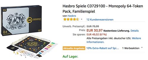 Hasbro Spiele C0729100 - Monopoly 64-Token Pack - jetzt 16% billiger Hasbro Spiele C0729100 - Monopoly 64-Token Pack - jetzt 16% billiger