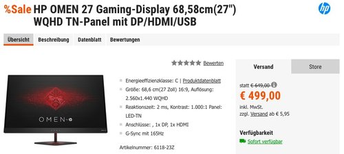 HP OMEN 27 Gaming-Display 68,58cm(27") WQHD TN-Panel mit DP/HDMI/USB - jetzt 13% billiger