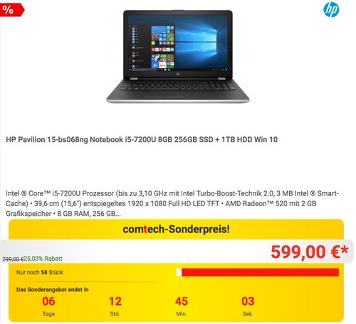 HP Pavilion 15-bs068ng Notebook i5-7200U 8GB 256GB SSD + 1TB HDD Win 10 - jetzt 14% billiger
