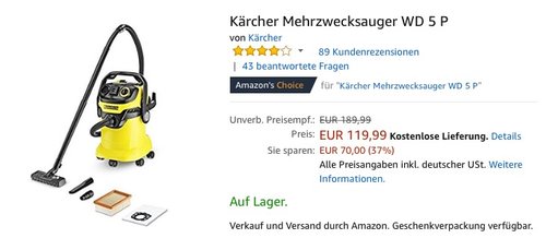 Kärcher Mehrzwecksauger WD 5 P - jetzt 23% billiger Kärcher Mehrzwecksauger WD 5 P - jetzt 23% billiger