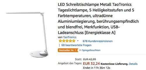 LED Schreibtischlampe Metall TaoTronics Tageslichtlampe, 5 Helligkeitsstufen und 5 Farbtemperaturen - jetzt 29% billiger