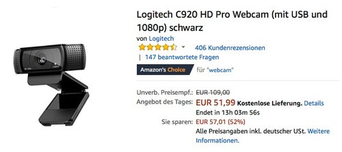 Logitech C920 HD Pro Webcam schwarz - jetzt 20% billiger