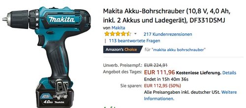 Makita Akku-Bohrschrauber (10,8 V, 4,0 Ah, inkl. 2 Akkus und Ladegerät) - jetzt 23% billiger Makita Akku-Bohrschrauber (10,8 V, 4,0 Ah, inkl. 2 Akkus und Ladegerät) - jetzt 23% billiger