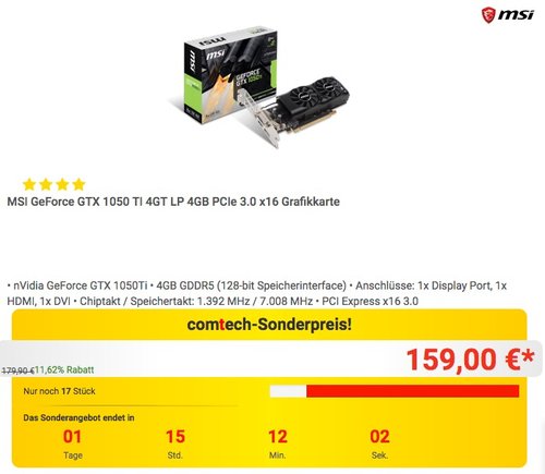 MSI GeForce GTX 1050 TI 4GT LP 4GB Grafikkarte - jetzt 11% billiger