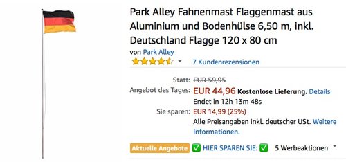 Park Alley Fahnenmast Flaggenmast aus Aluminium und Bodenhülse 6,50 m, inkl. Deutschland Flagge 120 x 80 cm - jetzt 25% billiger