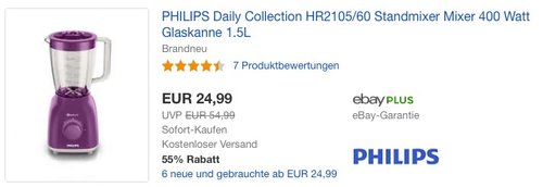 Philips HR2105 Standmixer 1,5 L Glasbehälter, 400 W, ProBlend 4 Technologie, beere - jetzt 40% billiger