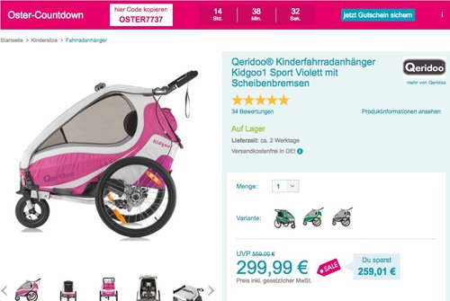 Qeridoo® Kinderfahrradanhänger Kidgoo1 Sport Violett mit Scheibenbremsen - jetzt 24% billiger