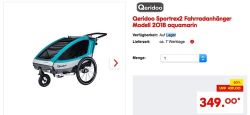 Qeridoo Sportrex2 Fahrradanhänger Modell 2018 aquamarin - jetzt 21% billiger