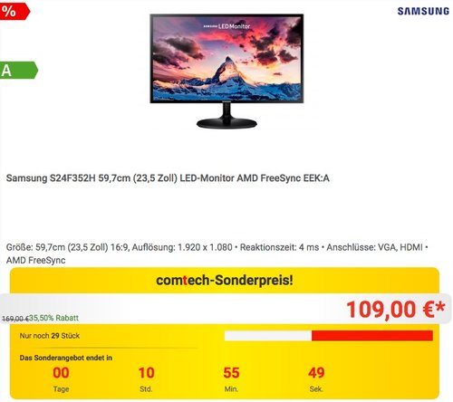 Samsung S24F352H 59,7cm (23,5 Zoll) LED-Monitor - jetzt 22% billiger Samsung S24F352H 59,7cm (23,5 Zoll) LED-Monitor - jetzt 22% billiger