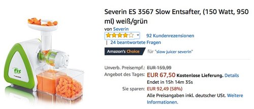 Severin ES 3567 Slow Entsafter - jetzt 19% billiger