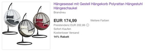 TecTake Hängesessel mit Gestell und Kissen Polyrattan - jetzt 19% billiger