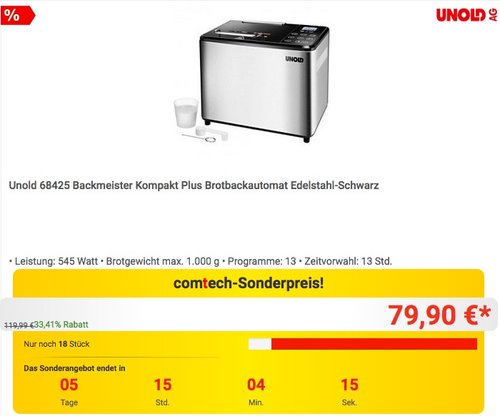 Unold 68425 Backmeister Kompakt Plus Brotbackautomat - jetzt 18% billiger Unold 68425 Backmeister Kompakt Plus Brotbackautomat - jetzt 18% billiger