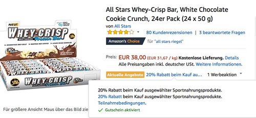 Amazon 20% Rabatt beim Kauf ausgewählter Sportnahrungsprodukte: All Stars Whey-Crisp Bar, White Chocolate Cookie Crunch, 24er Pack (24 x 50 g) - jetzt 20% billiger