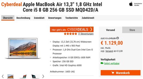 Apple MacBook Air 13,3" 1,8 GHz  i5, 8 GB, 256 GB SSD MQD42D/A - jetzt 4% billiger