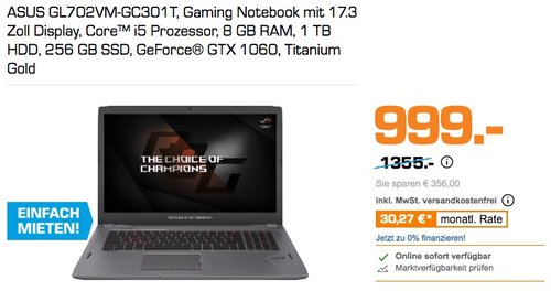 ASUS GL702VM-GC301T, Gaming Notebook mit 17.3 Zoll Display, Core i5 Prozessor, 8 GB RAM, 1 TB HDD, 256 GB SSD, GeForce® GTX 1060 - jetzt 24% billiger ASUS GL702VM-GC301T, Gaming Notebook mit 17.3 Zoll Display, Core i5 Prozessor, 8 GB RAM, 1 TB HDD, 256 GB SSD, GeForce® GTX 1060 - jetzt 24% billiger