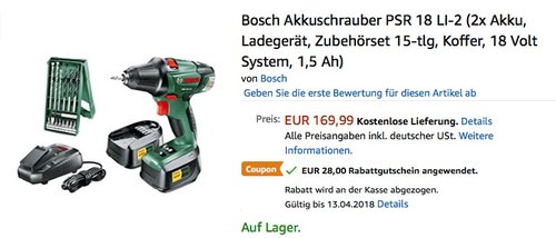 Bosch Akkuschrauber PSR 18 LI-2 (2x Akku, Ladegerät, Zubehörset 15-tlg, Koffer, 18 Volt System, 1,5 Ah) - jetzt 16% billiger Bosch Akkuschrauber PSR 18 LI-2 (2x Akku, Ladegerät, Zubehörset 15-tlg, Koffer, 18 Volt System, 1,5 Ah) - jetzt 16% billiger