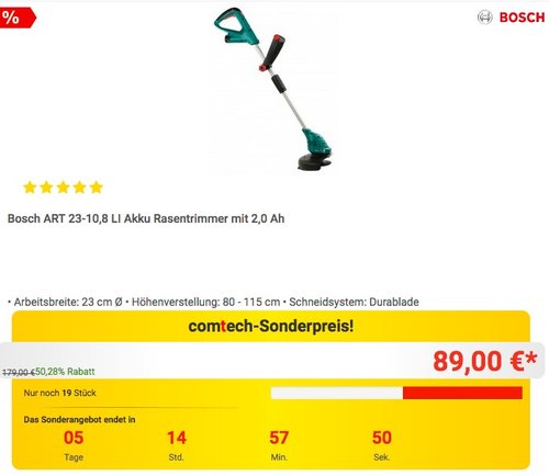 Bosch ART 23-10,8 LI Akku Rasentrimmer mit 2,0 Ah Akku - jetzt 19% billiger Bosch ART 23-10,8 LI Akku Rasentrimmer mit 2,0 Ah Akku - jetzt 19% billiger