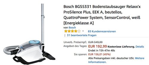 Bosch BGS5331 Bodenstaubsauger Relaxx'x ProSilence Plus - jetzt 20% billiger Bosch BGS5331 Bodenstaubsauger Relaxx'x ProSilence Plus - jetzt 20% billiger