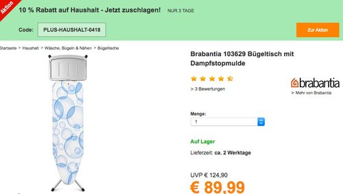 Brabantia 103629 Bügeltisch mit Dampfstopmulde - jetzt 10% billiger
