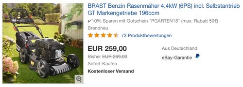 BRAST Benzin Rasenmäher 4,4kW (6PS) incl. Selbstantrieb GT Markengetriebe 196ccm - jetzt 10% billiger BRAST Benzin Rasenmäher 4,4kW (6PS) incl. Selbstantrieb GT Markengetriebe 196ccm - jetzt 10% billiger