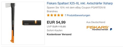 Bundle aus Fiskars Spaltaxt X25-XL und Axtschärfer Xsharp - jetzt 20% billiger