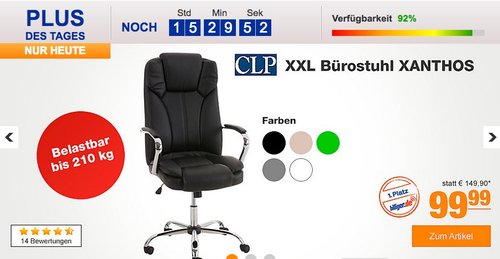 CLP XXL Bürostuhl XANTHOS mit hochwertiger Polsterung und Kunstlederbezug - jetzt 23% billiger CLP XXL Bürostuhl XANTHOS mit hochwertiger Polsterung und Kunstlederbezug - jetzt 23% billiger