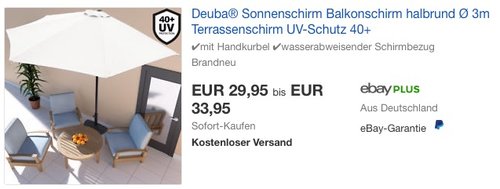 Deuba® Sonnenschirm Balkonschirm halbrund Ø 3m in Creme oder Rot - jetzt 9% billiger