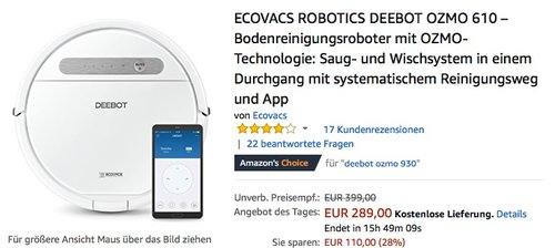 ECOVACS ROBOTICS DEEBOT OZMO 610  Bodenreinigungsroboter mit OZMO-Technologie - jetzt 23% billiger
