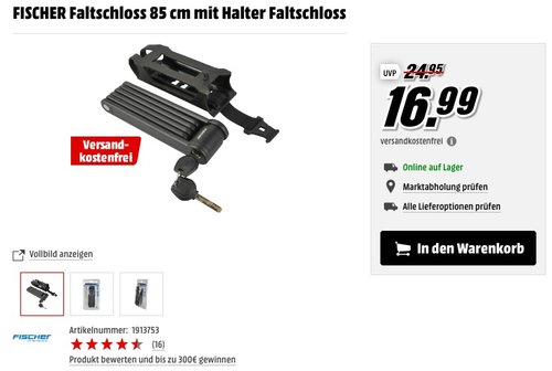 FISCHER Faltschloss 85 cm mit Halter Faltschloss - jetzt 19% billiger FISCHER Faltschloss 85 cm mit Halter Faltschloss - jetzt 19% billiger