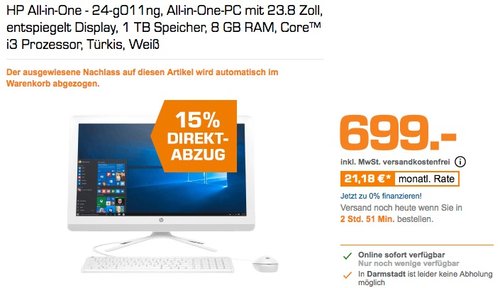 HP All-in-One - 24-g011ng, All-in-One-PC mit 23.8 Zoll, 1 TB Speicher, 8 GB RAM, Core i3 Prozessor - jetzt 15% billiger