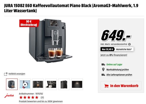 JURA 15082 E60 Kaffeevollautomat Piano Black - jetzt 8% billiger