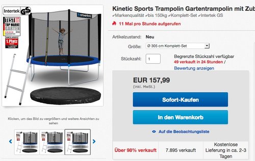 Kinetic Sports Trampolin Gartentrampolin 305 cm inkl. Netz Leiter Regenplane - jetzt 11% billiger