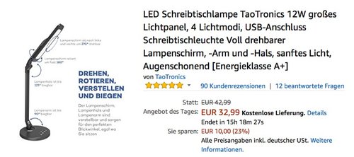 LED Schreibtischlampe TaoTronics 12W großes Lichtpanel - jetzt 30% billiger