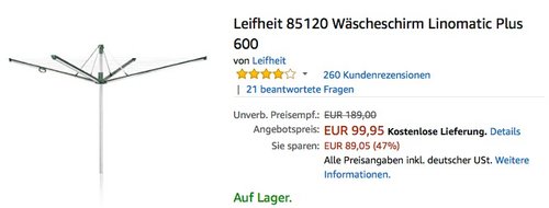 Leifheit 85120 Wäscheschirm Linomatic Plus 600 - jetzt 15% billiger