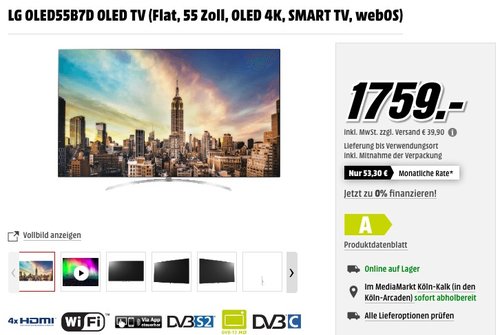 LG OLED55B7D OLED TV (Flat, 55 Zoll, OLED 4K, SMART TV, webOS) - jetzt 16% billiger
