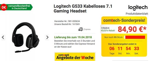 Logitech G533 Kabelloses 7.1 Gaming Headset - jetzt 21% billiger Logitech G533 Kabelloses 7.1 Gaming Headset - jetzt 21% billiger