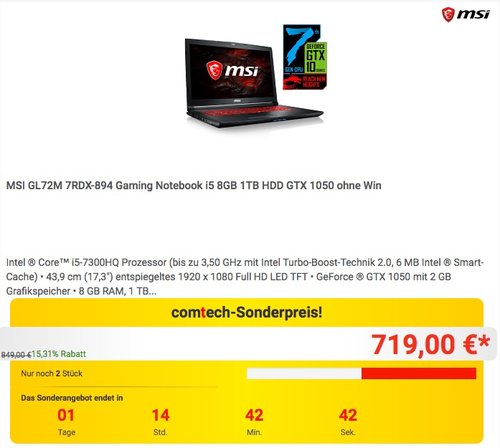 MSI GL72M 7RDX-894 Gaming Notebook i5 8GB 1TB HDD GTX 1050 ohne Win - jetzt 14% billiger