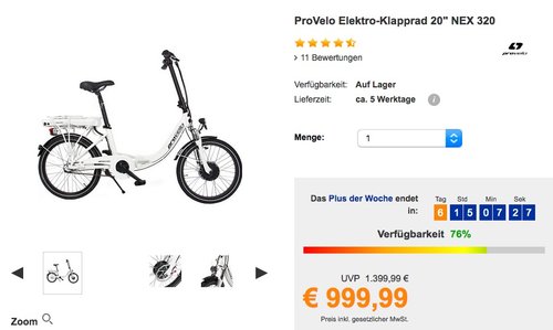 ProVelo Elektro-Klapprad 20" NEX 320, weiß, 7 Gang Nabenschaltung - jetzt 23% billiger