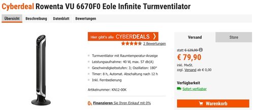 Rowenta VU 6670F0 Eole Infinite Turmventilator - jetzt 20% billiger Rowenta VU 6670F0 Eole Infinite Turmventilator - jetzt 20% billiger